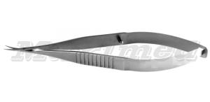 Ножницы по Кастровьехо роговичные изогнутые лезвия 9 мм острые концы 0,3 мм, стальные, длина 100 мм, плоская ручка